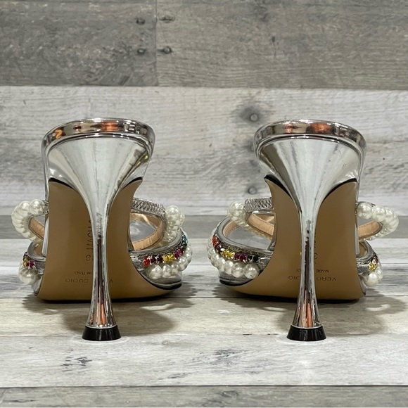 MACH & MACH Diamond Of Elizabeth Imitation Pearl Pointed Toe Mule Silver Sz-38/8 - Picture 8 of 14